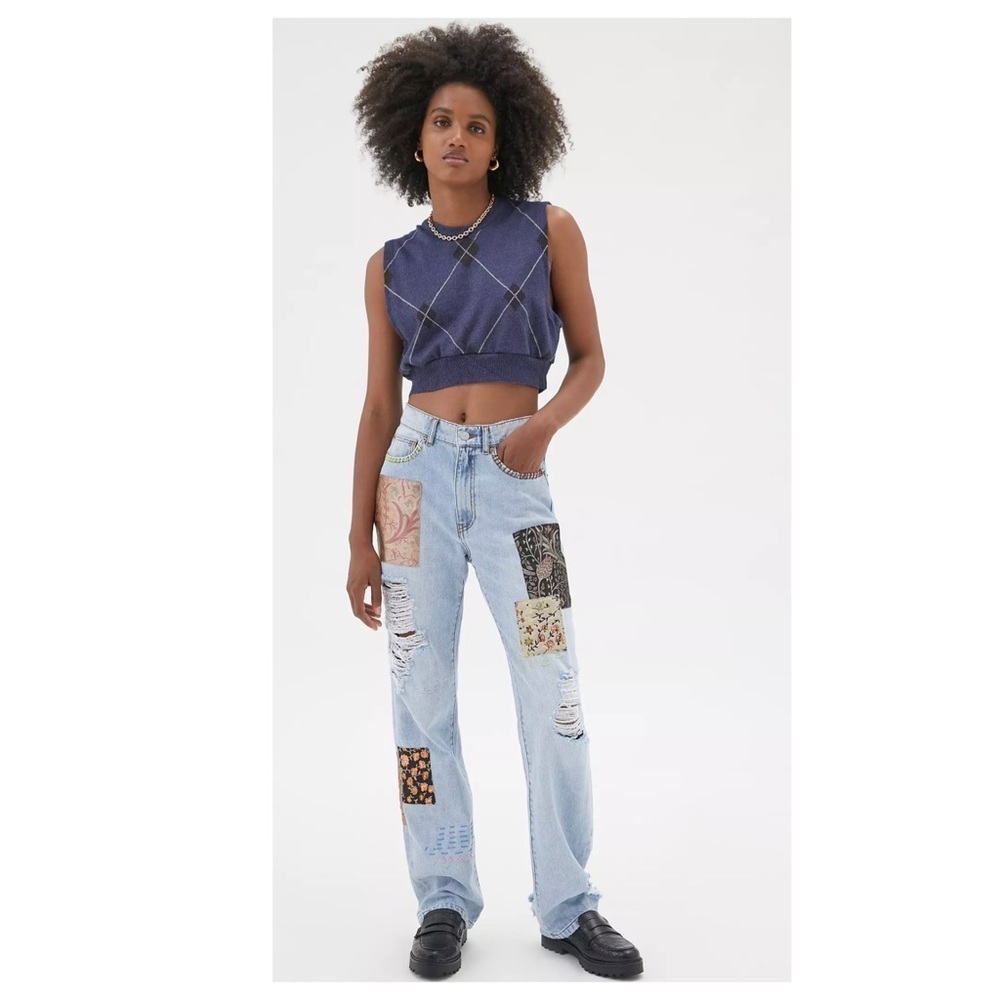 BDG 90s Inspired High Waist Cowboy Jean Embroidered Patchwork Straight Leg 24